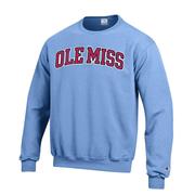 BLOCK OLE MISS POWERBLEND TACKLE TWILL FLEECE CREW: LIGHT BLUE