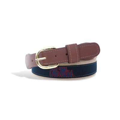 OLE MISS RIBBON BELT WITH TAN LEATHER TABS BRASS BUCKLE