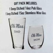 OLE MISS DAD 16 OZ PINT GLASS WITH 15OZ OLE MISS MOM STEMLESS WINE GLASS