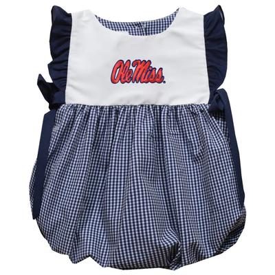 SCRIPT OLEMISS EMBROIDERED WHITE TOP GINGHAM BOTTOM ONESIE