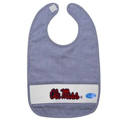 SCRIPT OLEMISS EMBROIDERED GINGHAM BABY BIB NAVY