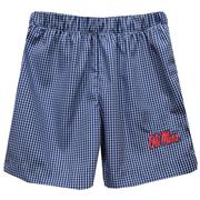 SCRIPT OLEMISS EMBROIDERED GINGHAM PULL-UP SHORTS