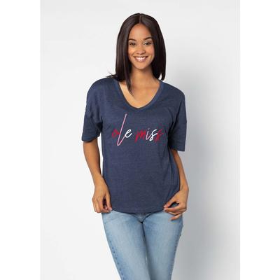 OLE MISS MULTI SCRIPT V-HAPPY JERSEY SHORT SLEEVE TEE