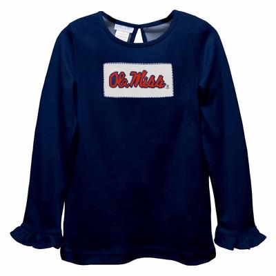 OLE MISS SMOCKED KNIT RUFFLE LONG SLEEVE 