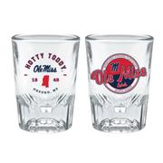 2 OZ HEAVY BOTTOM SHOT GLAS WITH OLE MISS CIRCLE LABEL DESIGN