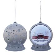 FLAT METAL SNOW GLOBE UNIVERSITY OF MISSISSIPPI LYCEUM ORNAMENT