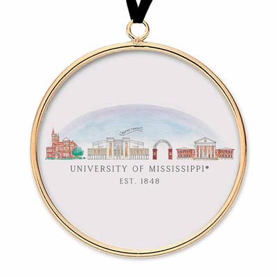 OLE MISS SKYLINE BRASS AND GLASS ORNAMENT