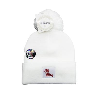 OLE MISS KNIT CUFF HAT WITH SATIN LINING WHITE