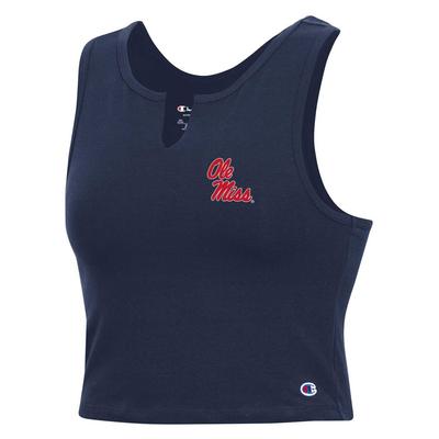 STACKED OLE MISS F23 SMU FOOTBALL FAN SPLIT NECK TANK NAVY