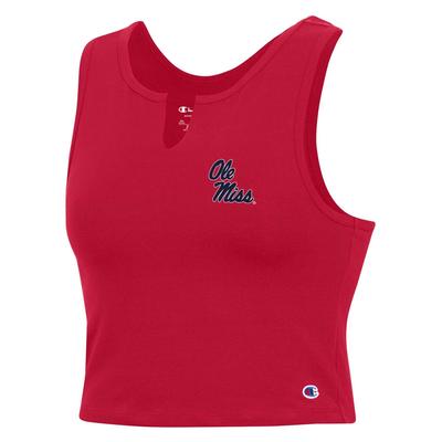 STACKED OLE MISS F23 SMU FOOTBALL FAN SPLIT NECK TANK RED