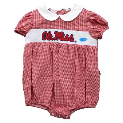 OLE MISS EMBROIDERED MINI CHECK BUBBLE WITH PUFF SLEEVES RED