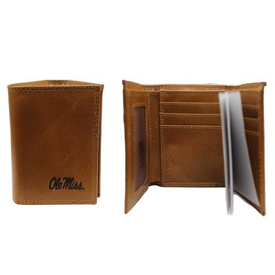 OLE MISS TAN LEATHER TRI-FOLD EMBOSSED WALLET