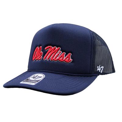 SCRIPT OLE MISS FOAM FRONT MESH TRUCKER CAP NAVY