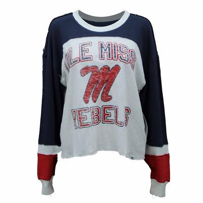 LS DISTRESSED OLE MISS SCRIPT M REBELS DOUBLE HEADER CURVE TONI TEE