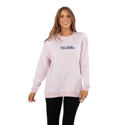 FANCY SCRIPT OLE MISS WARM UP CREW SWEATSHIRT CARDINAL