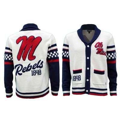 OLE MISS UNISEX JACQUARD CARDIGAN ROLLED COLLAR SWEATER