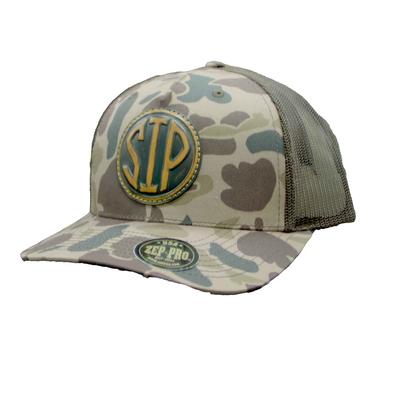 LEATHER CIRCLE SIP OLD SCHOOL CAMO TRUCKER CAP