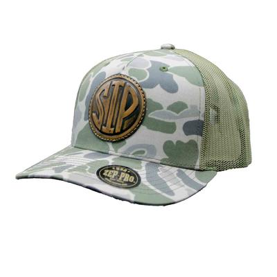 LEATHER CIRCLE SIP OLD SCHOOL CAMO TRUCKER CAP