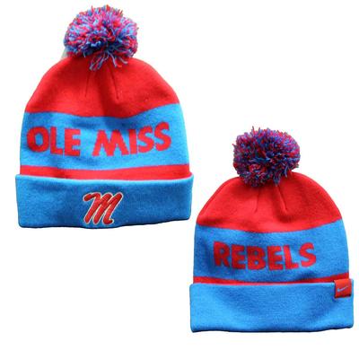 YOUTH REBELS OLE MISS SCRIPT M STRIPE PEAK BEANIE WITH POM