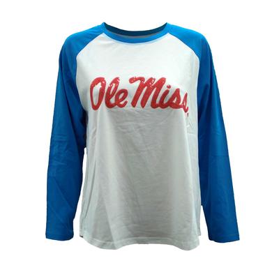 SEQUIN SCRIPT OLE MISS BALLGAME RAGLAN 3/4 SLEEVE TEE