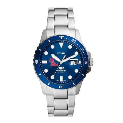 OLE MISS FOSSIL BLUE DIVE THREE-HAND DATE STAINLESS STEEL WATCH